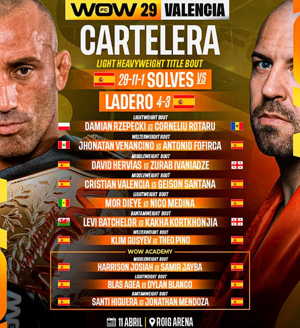 WOW 29 Valencia: una noche intensa marcada por grandes peleas y la retirada de Enoc Solves